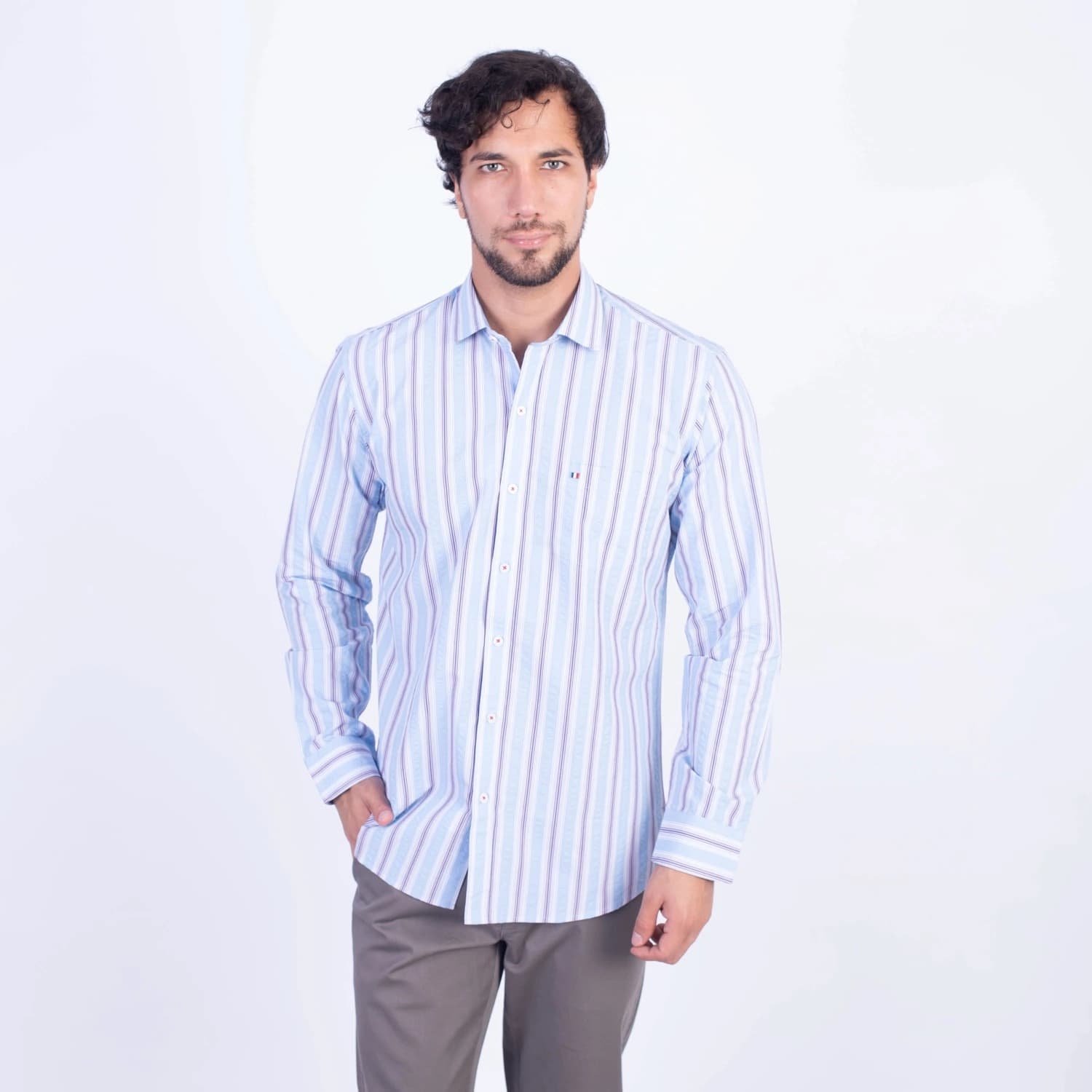 Camisa ML Seersucker Etiqueta Azul con diseño frances PC-62651CA