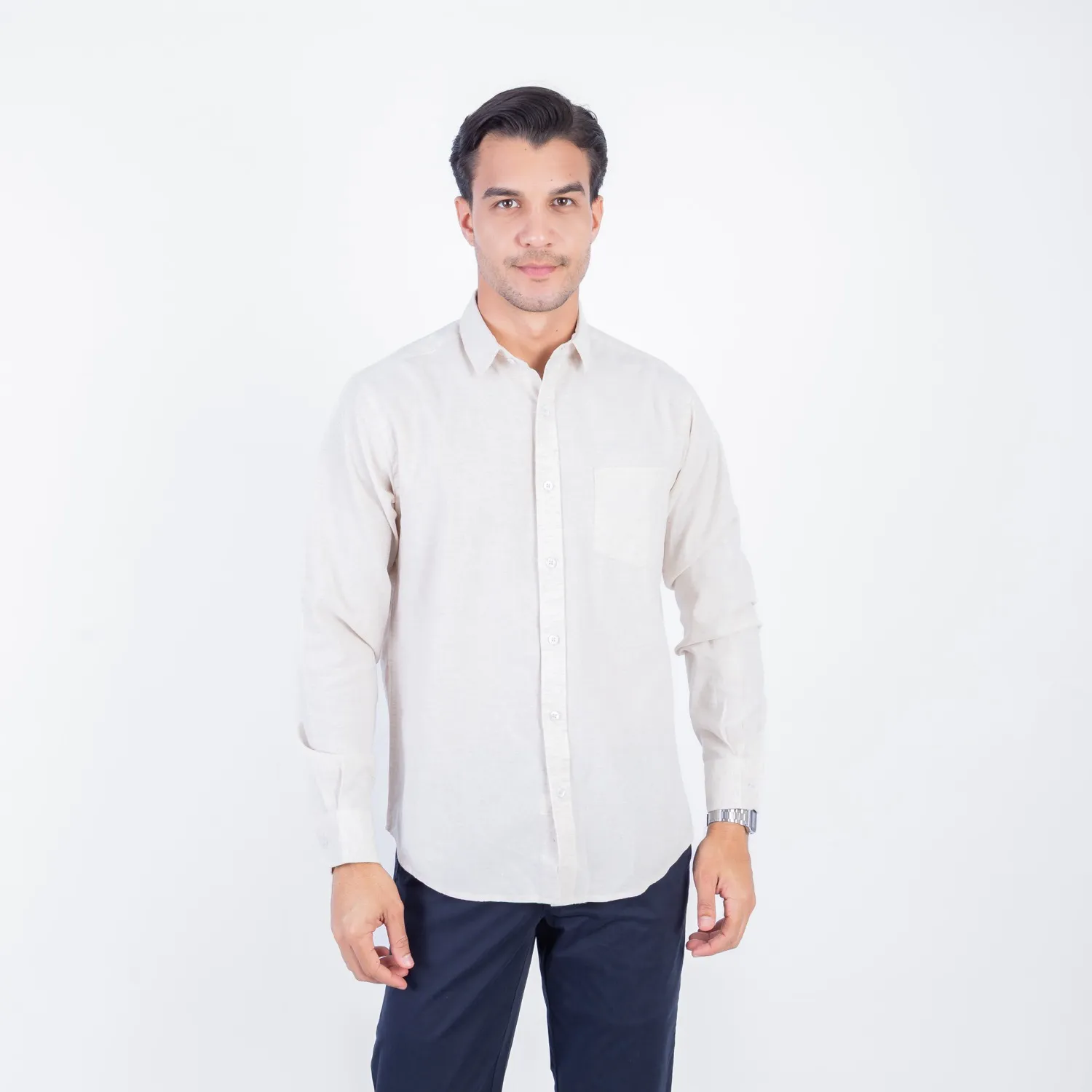 Camisa ML Color Entero con Cuello Frances Etiqueta Puro Lino Italy PC-63893CAA - Imagen 5