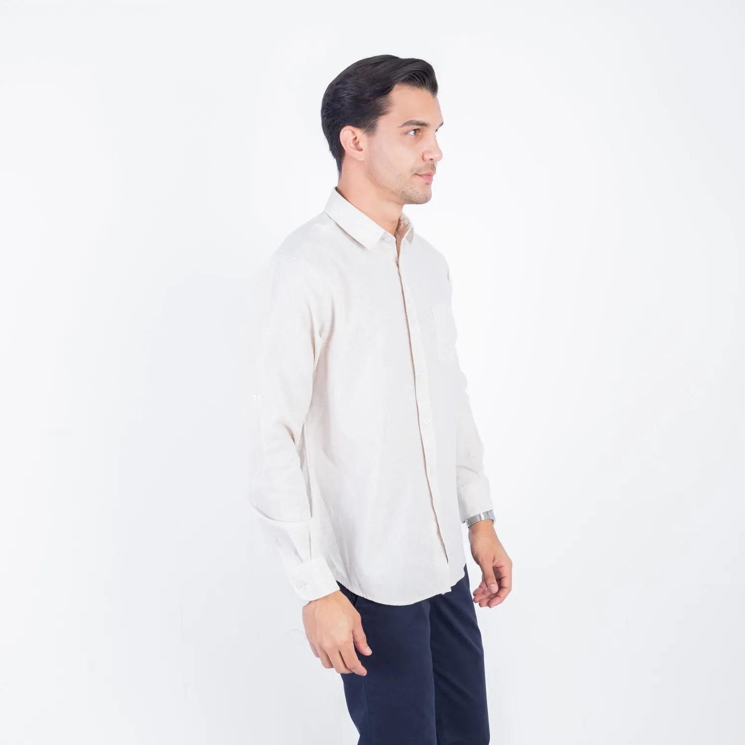 Camisa ML Color Entero con Cuello Frances Etiqueta Puro Lino Italy PC-63893CAA - Imagen 4